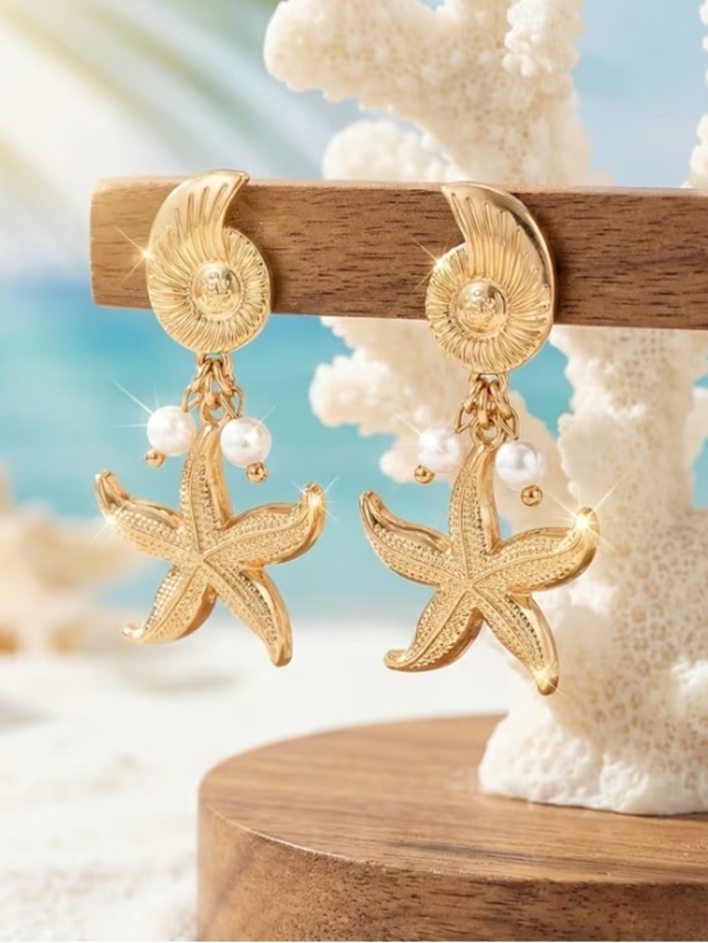 Gold Starfish Drop Earrings with Pearl Accents